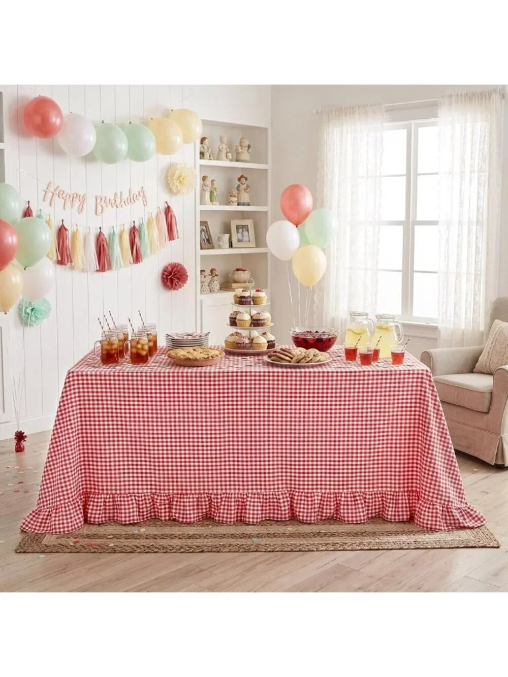 Red & White Gingham Ruffled Tablecloth - 100% Cotton, Rectangular for Farmhouse